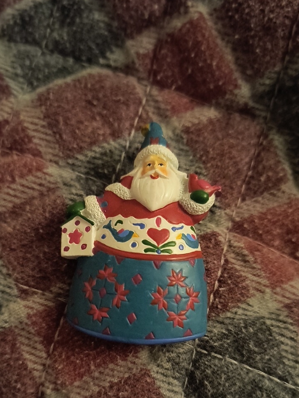Hand-Painted Folk Art Santa Brooch in Blue and Red